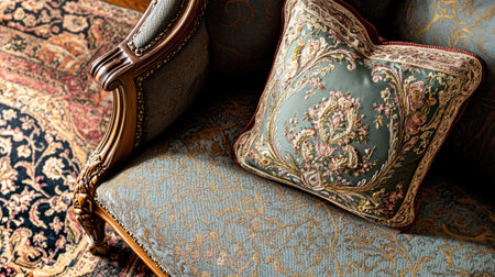 A close-up view of an elegant vintage sofa featuring a beautifully embroidered decorative pillow. The intricate design and rich textures enhance any interior space.の素材