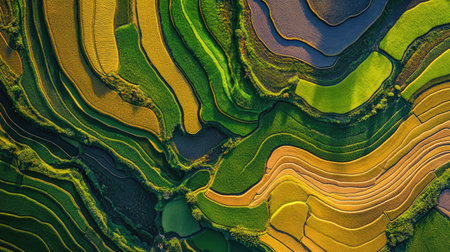 An aerial view of vibrant rice terraces showcasing green and gold patterns. The wavy fields illustrate agricultural practices and the beauty of nature.の素材