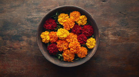 A stunning arrangement of vibrant marigold flowers in shades of orange, red, and yellow displayed in a rustic bowl on a wooden table, adding cheerful charm.の素材