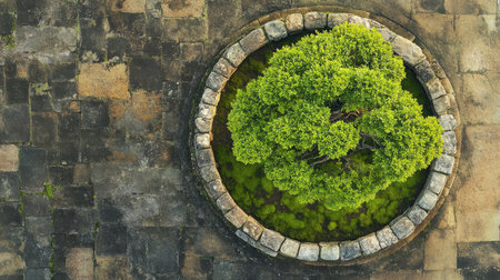 Aerial view of a vibrant green tree set in a circular stone path, surrounded by peaceful water and moss, capturing the essence of tranquility and nature.の素材