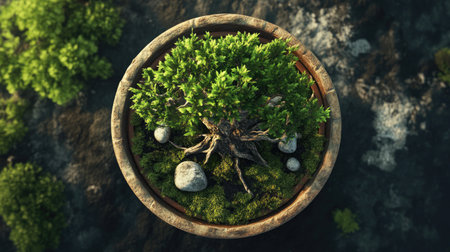 A stunning bonsai tree nestled in a rustic pot, surrounded by stones and moss, capturing the essence of tranquility and nature's beauty. Perfect for decor.の素材