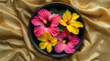 A stunning arrangement of vibrant hibiscus flowers in pink and yellow atop a luxurious golden fabric background, perfect for adding a touch of nature's beauty to any setting.の素材