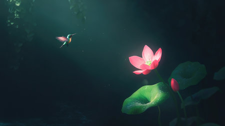 A serene scene featuring a hummingbird hovering near a vibrant pink lotus flower, illuminated by soft sunlight, showcasing nature's delicate beauty and tranquility.の素材