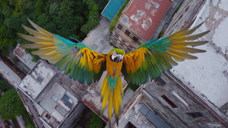A stunning macaw spreads its vibrant wings while soaring above an urban landscape, showcasing the beauty of wildlife in a city environment.の素材