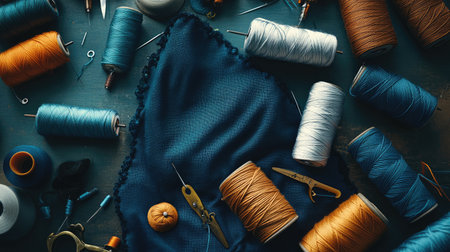 A vibrant arrangement of colorful threads and sewing tools on a textured surface, perfect for showcasing creativity and craftsmanship in sewing and textile arts.の素材