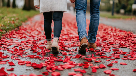 A couple enjoys a romantic walk on a path covered with vibrant red petals, showcasing love and togetherness in a beautiful outdoor setting.の素材