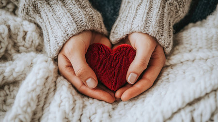 Soft hands cradle a red heart, symbolizing love and warmth on a cozy knit blanket. Ideal for themes of affection, comfort, and connection.の素材