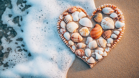 A beautiful heart-shaped arrangement of various shells rests on sandy beach, surrounded by gentle ocean waves, symbolizing love and tranquility in nature.の素材