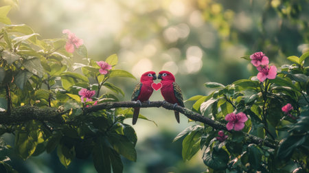 Two vibrant red birds sit close together on a branch, surrounded by lush greenery and delicate flowers, symbolizing love and connection in nature.の素材
