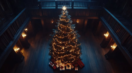 A beautifully decorated Christmas tree adorned with twinkling lights and ornaments sits in a cozy hall, surrounded by wrapped gifts, creating a warm festive atmosphere.の素材