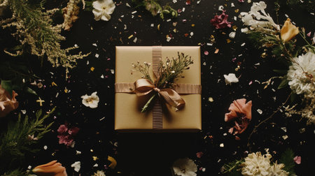 A beautifully wrapped gift box adorned with a delicate ribbon, placed among colorful petals and fresh flowers, perfect for celebrations and special occasions.の素材