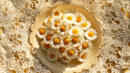 A charming arrangement of bright daisies in a cream plate positioned on a delicate lace background, enhancing the natural beauty and warmth of spring.の素材