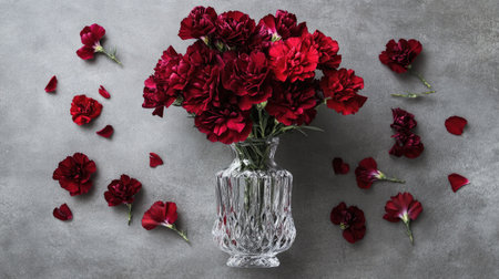 A striking arrangement of red carnations in a crystal vase on a textured gray background, perfect for adding elegance and charm to any space or occasion.の素材