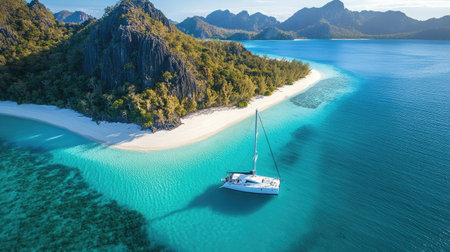 A stunning aerial view of a serene sailboat anchored in crystal-clear turquoise waters, surrounded by a lush tropical island and majestic mountains.の素材