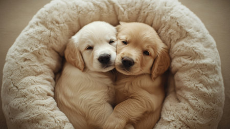 Two adorable golden retriever puppies snuggle together in a cozy bed, showcasing their playful nature and sweet companionship. Perfect for pet lovers.の素材