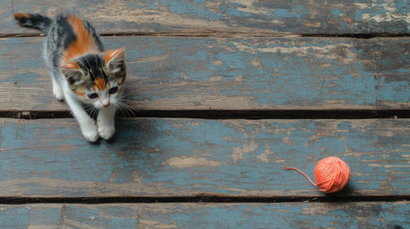 A playful kitten is poised on a rustic wooden floor, curiously eyeing a ball of yarn nearby. The vibrant colors and natural setting create an engaging and heartwarming scene.の素材