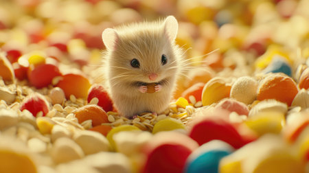 A charming small mouse stands amidst a vibrant spread of colorful snacks and treats, creating an adorable and playful scene in nature.の素材