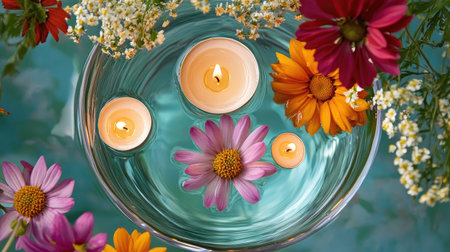 A serene arrangement of floating flowers and candles in water, creating a tranquil ambiance. Perfect for relaxation or home decoration ideas.の素材