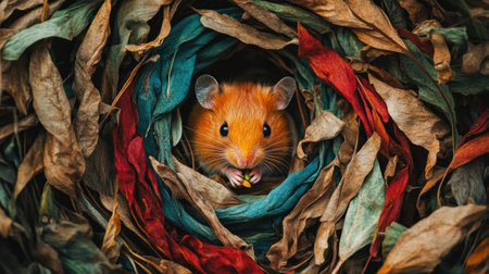 A charming hamster peeks out from a vibrant nest of colorful autumn leaves, showcasing its playful personality and the beauty of nature. Perfect for animal lovers!の素材
