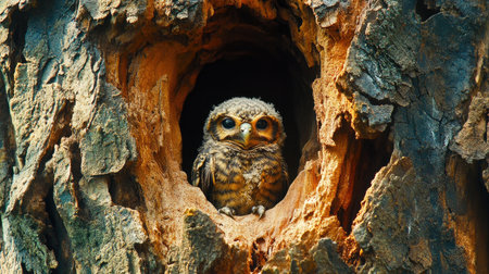 A young owl chick gazes curiously from a leafy tree hollow, showcasing its adorable features and the textured bark of its natural habitat.の素材