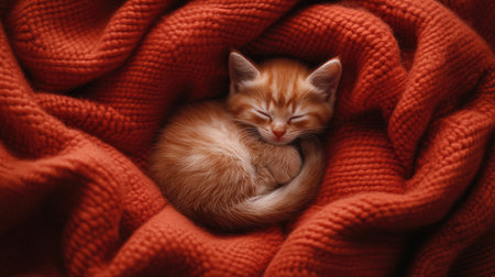 A cute orange kitten peacefully sleeping on a soft blanket, showcasing its fuzzy fur and adorable posture. Perfect for pet lovers and cozy scenes.の素材