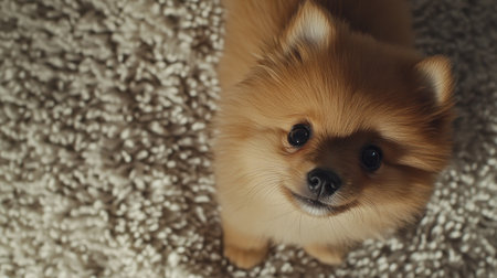 An adorable Pomeranian puppy gazing up with big eyes, showcasing its fluffy fur and playful nature. Perfect for pet lovers and animal photography.の素材