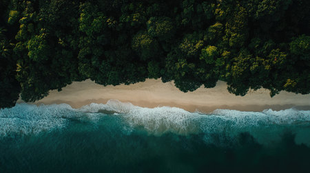 Experience the beauty of nature with this aerial view showcasing a lush forest meeting a serene beach. The vibrant greenery and gentle waves create a tranquil escape.の素材