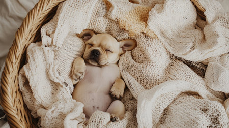 A charming puppy peacefully sleeping in a cozy basket filled with soft blankets. This serene moment captures the essence of innocence and warmth.の素材