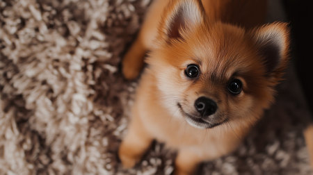 A charming Pomeranian puppy with fluffy fur gazes playfully from a cozy carpet. Perfect for depicting joy, companionship, and the beauty of pets.の素材