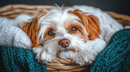 A charming dog relaxes in a wicker basket filled with soft textiles, showcasing its beautiful fur and expressive eyes, perfect for capturing cozy pet moments.の素材