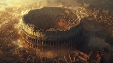 An aerial view of the ancient Roman Colosseum surrounded by a dramatic landscape, capturing the essence of history and architecture beneath a foggy sky.の素材