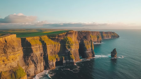 A stunning aerial view of majestic cliffs meeting the ocean, highlighting vibrant green landscapes under a clear blue sky. Perfect for travel themes.の素材