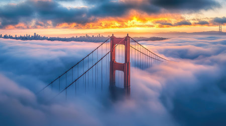 A stunning view of the Golden Gate Bridge emerging from misty clouds at sunrise, showcasing a vibrant landscape and tranquil atmosphere ideal for travel enthusiasts.の素材