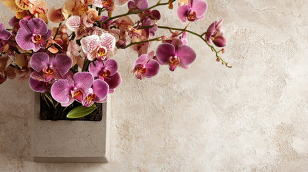 A stunning top view of a vibrant orchid arrangement in a modern pot, showcasing the beauty and elegance of nature's blooms. Perfect for home decor.の素材