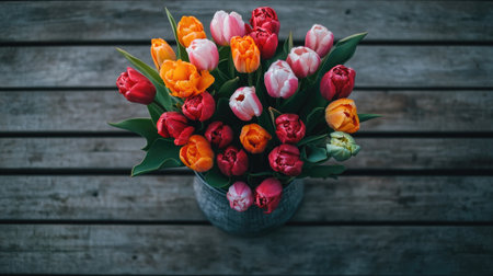 A vibrant bouquet of tulips in various colors arranged in a vase, set against a rustic wooden table background, symbolizing beauty and freshness.の素材