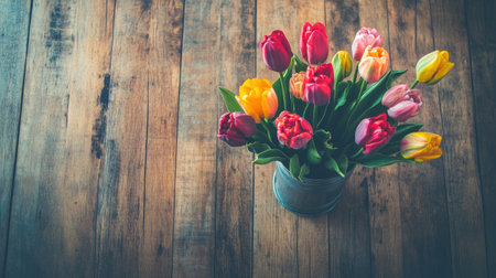 A vibrant bouquet of tulips in various colors arranged in a rustic vase placed on a wooden surface, embodying the beauty of spring and freshness.の素材