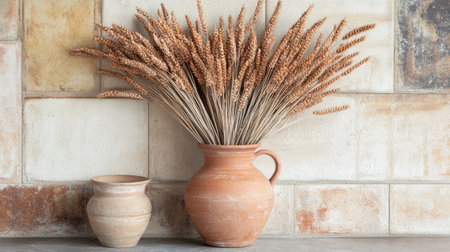 A charming rustic decor piece featuring dried wheat in an earthenware vase. Perfect for enhancing cozy home interiors and adding natural elegance.の素材