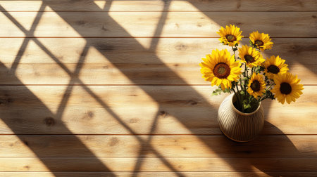 A charming arrangement of bright sunflowers in a vase rests on a well-lit wooden table, casting beautiful shadows and creating a warm atmosphere.の素材