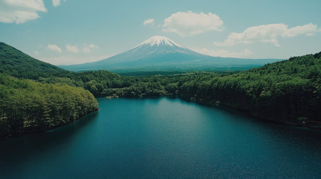 Stunning aerial view of a tranquil lake surrounded by lush greenery, with a majestic mountain peak in the background under a clear blue sky.の素材