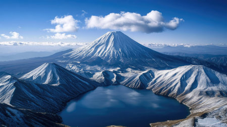 A breathtaking view of a snow-capped mountain towering over a serene lake, surrounded by stunning alpine landscapes. Perfect for nature lovers.の素材