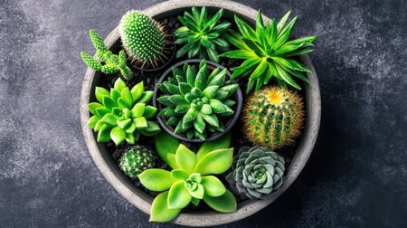 Discover a vibrant arrangement of succulents and cacti in a stylish bowl, perfect for indoor gardening or as a decorative element in any space.の素材