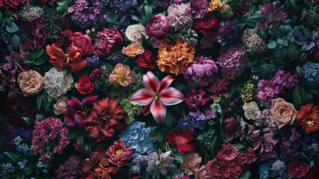 A stunning array of vibrant flowers in various colors, creating a beautiful and lush backdrop. Perfect for themes of nature, beauty, and elegance.の素材