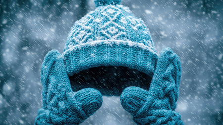 A cozy blue knit hat and matching mittens are held in a snowfall. This image captures the essence of winter chill and warmth in fashion.の素材