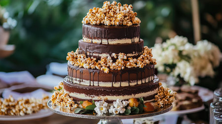 A stunning three-tiered chocolate cake topped with popcorn and drizzled chocolate. Perfect for celebrations, events, or as a delectable dessert centerpiece.の素材