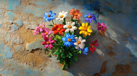 A vibrant bouquet of colorful flowers rests against a textured wall, showcasing the beauty of nature. The arrangement highlights vivid petals and shadows.の素材