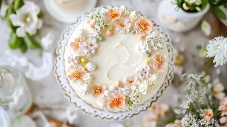 An elegant floral cake beautifully decorated with fresh flowers, ideal for celebrations. This artistic dessert captures the essence of spring and joy.の素材
