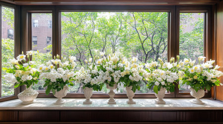 A stunning display of elegant floral arrangements in vases, set against a bright window view, showcasing the beauty of nature and tranquility indoors.の素材