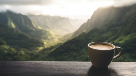 Enjoy a tranquil coffee moment with a stunning view of lush valleys and majestic mountains bathed in soft morning light, perfect for relaxation and inspiration.の素材