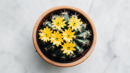A vibrant cactus showcases beautiful yellow flowers, creating a stunning contrast against its green body. Set in a terracotta pot on a smooth marble surface, this serene image evokes a fresh and peaceful ambiance.の素材