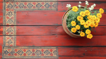 A vibrant arrangement of yellow marigold flowers in a pot rests on a beautifully patterned red wooden surface, creating a warm and inviting atmosphere.の素材